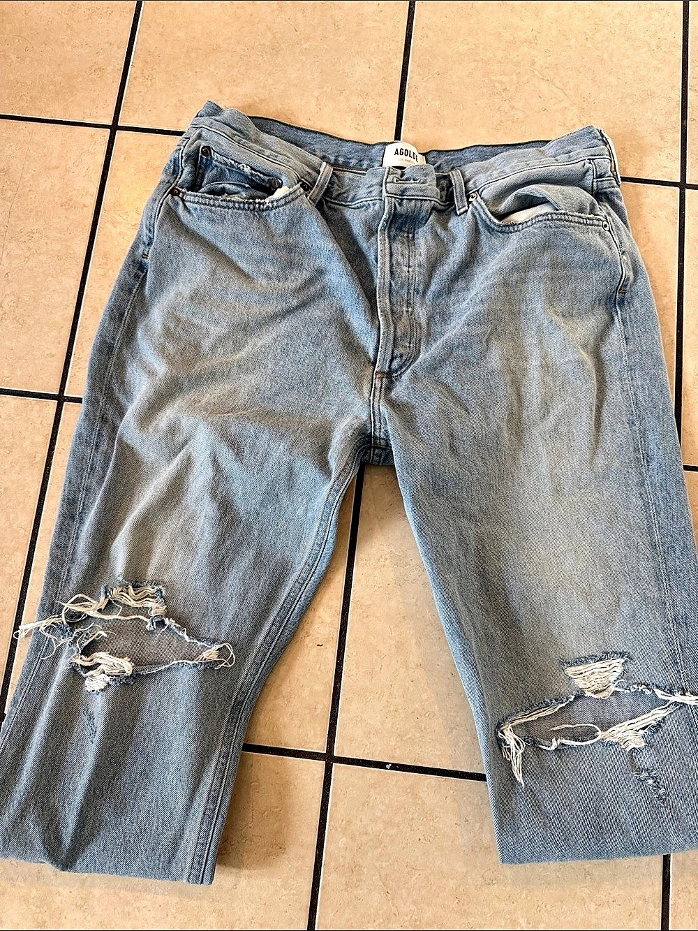 AGOLDE Straight Leg Distressed Jeans in Blue Waist 34